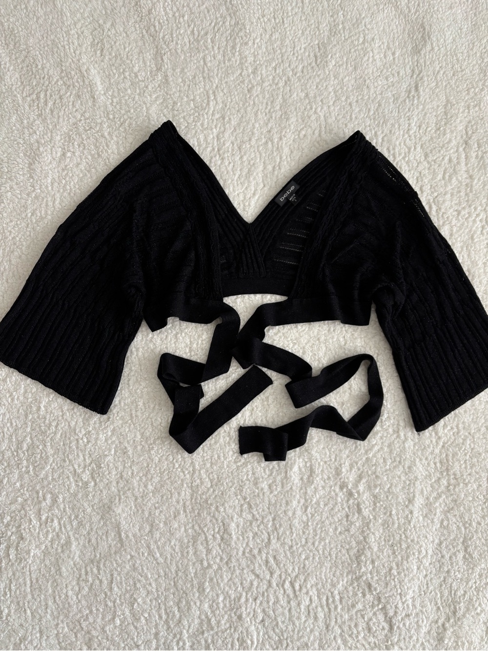Vintage Bebe Black Knit Wrap Crop Top Tie Front Long Sleeve Y2K Rayon Sz S